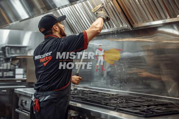 Technicien Mister Hotte nettoyant une hotte de cantine scolaire