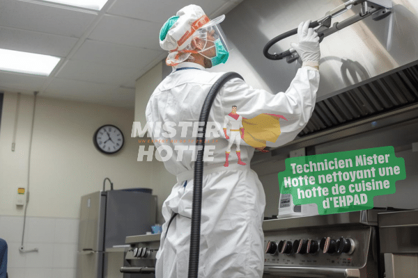 Technicien Mister Hotte nettoyant une hotte de cuisine d'EHPAD