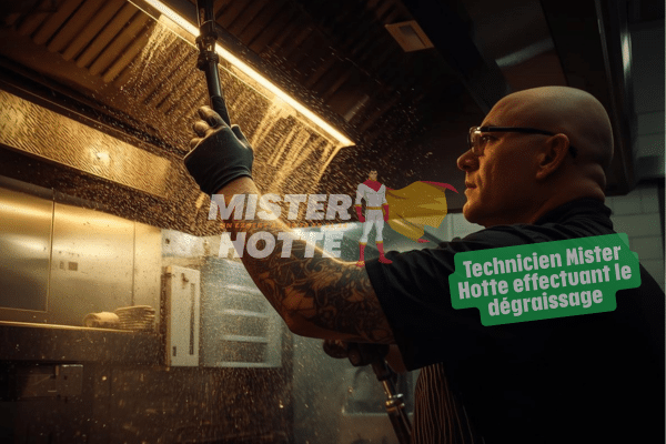 Technicien Mister Hotte effectuant le dégraissage d'une hotte de restaurant dans l'Essonne