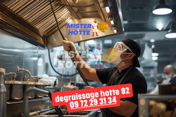 Technicien Mister Hotte effectuant le dégraissage d'une hotte de restaurant dans les Hauts-de-Seine