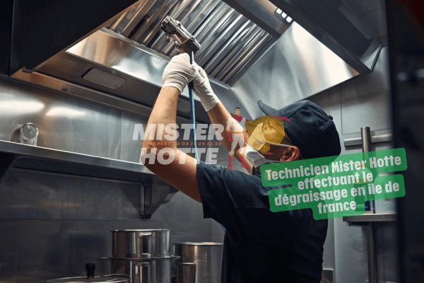 Technicien Mister Hotte nettoyant une hotte professionnelle en Île-de-France