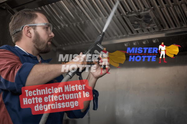 Technicien Mister Hotte effectuant le dégraissage d'une hotte de restaurant à Paris