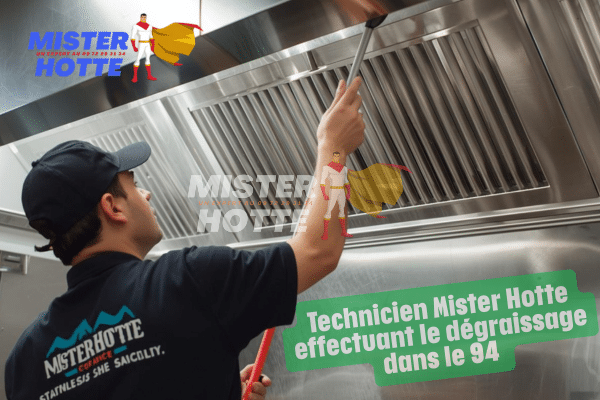 Technicien Mister Hotte nettoyant une hotte de restaurant professionnel