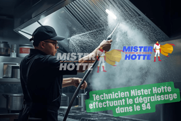 Technicien Mister Hotte effectuant le dégraissage d'une hotte de restaurant dans le Val-de-Marne